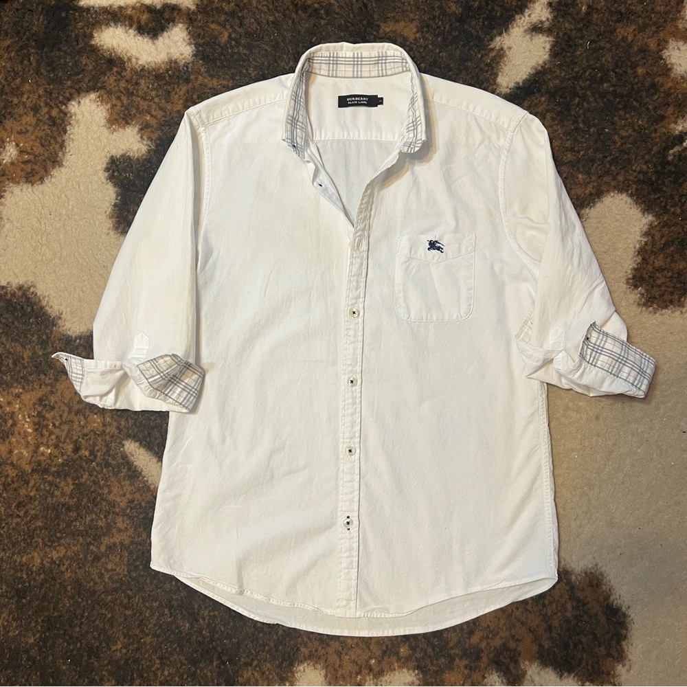 Rare Burberry Black Label White Button Down Shirt with Iconic Plaid Accents
